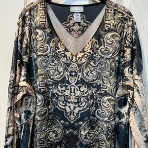 Catherines Womens Sz 1X Velvet Embellished V-Neck Top Quiet Luxury Elegant Royal